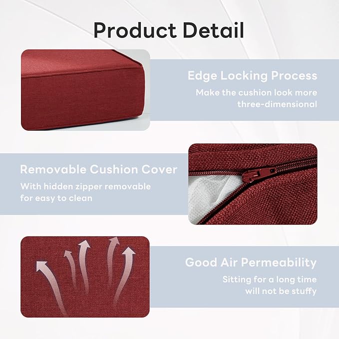 6" Thicker Outdoor Chair Cushion 6 Sets - 24" *24" *6" Waterproof Patio Furniture Cushions with Removable Cover, 28D High Density Sponge Filling Thicken Outdoor Patio Cushions - Red