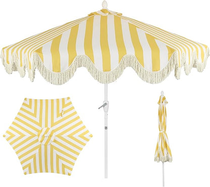 JONATHAN Y UMB1001 Collins 9 ft. Classic Cottage Tassel Market Patio Umbrella with Auto-Tilt, Crank, Wind Vent and UV Protection