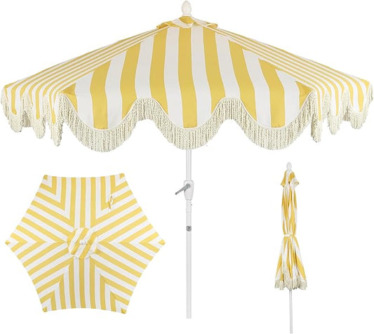 JONATHAN Y UMB1001 Collins 9 ft. Classic Cottage Tassel Market Patio Umbrella with Auto-Tilt, Crank, Wind Vent and UV Protection