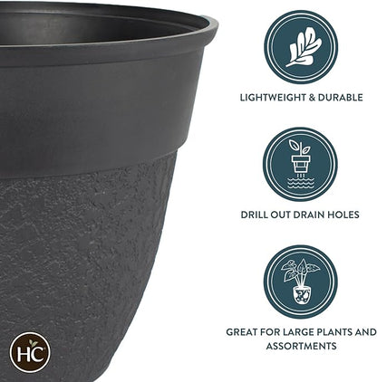 The HC Companies Brookhaven Decorative Round Planter - Lightweight Premium Resin Plant Pot with a Stonelike Texture for Indoor Outdoor Use (16 Inch Black, Pack of 2)