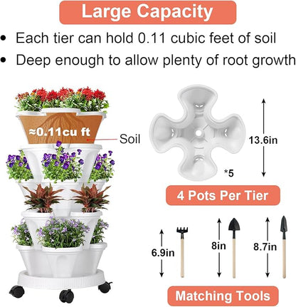 GameXcel Vertical Planter Tower - 5 Tier Stackable Garden Planters with Wheels and Tools Plant Pots for Strawberry Herb Flower and Vegetable Indoor Outdoor Use White
