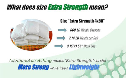 PotatoLife Plastic Mesh Fence Safety Fence, Extra Strength 4'x50' Roll with 100 Zip Ties, Resuable Temporary Netting for Garden Fencing, Construction, Snow Fencing, Animal Barrier, Poultry, Deer, Dog