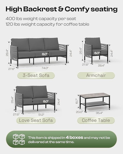 Aluminum Outdoor Patio Couch Loveseat, HDPE Rope Patio Sofa with Washable Thick Cushion, All-Weather Patio Furniture for Balcony, Yard, Gray Frame, Charcoal