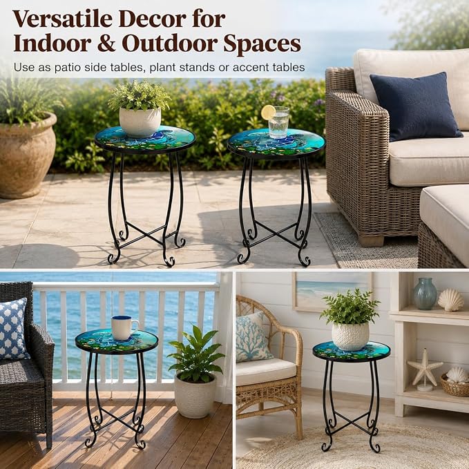 2-Pack 15 Inch Tall Mosaic Patio Side Tables Style, Metal Folding Turtle Table Set, Shatterproof Outdoor Patio Table for Porch Deck, Rust Resistant Small Garden Table (Set of 2)