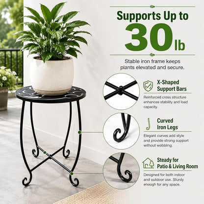2 Pack 15 Inch Tall Plant Stands Outdoor Indoor, Metal Side Tables for Patio, Weather Resistant Flower Pot Racks with Swirl Pattern, Black End Table Set for Garden Balcony