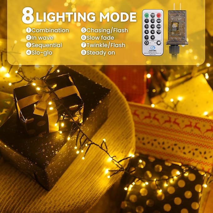 Dailyart 300 LED Cluster Lights Christmas 36Ft Fairy Lights Plug in with Remote 8 Modes Warm White String Lights Waterproof Christmas Tree Lights Twinkle Lights for Bedroom House, Green Wire
