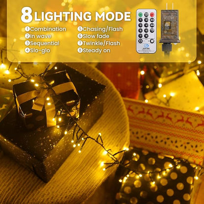 Dailyart 300 LED Cluster Lights Christmas 36Ft Fairy Lights Plug in with Remote 8 Modes Warm White String Lights Waterproof Christmas Tree Lights Twinkle Lights for Bedroom House, Green Wire