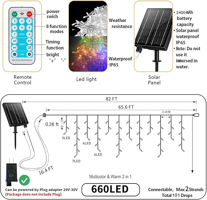 Solar Icicle Lights Outdoor Waterproof - 82Ft 660 LED Icicle Christmas Lights Outdoor with Remote, Cool White and Multi-Color 2in1, Color Changing Icicle String Lights for Wedding Balcony Eaves Decor