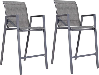 Outdoor Bar Stools Set of 2, 44'' Patio Bar Chairs with Textile High Back, Bar Height Chairs with Straight Armrest and Footrest, Grey