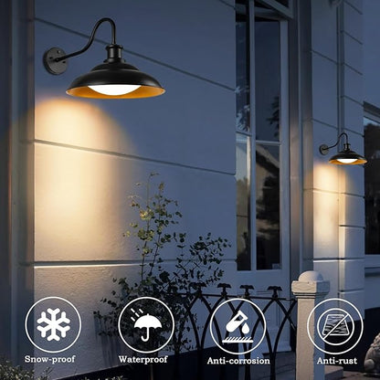 Dusk to Dawn LED Outdoor Barn Lights, 16 Inch Large Farmhouse Exterior Wall Light Fixtures with Adjustable Color Temperature, Modern Black Gold Porch Lights Outside for House Garage Doorway