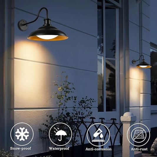 Dusk to Dawn LED Outdoor Barn Lights, 16 Inch Large Farmhouse Exterior Wall Light Fixtures with Adjustable Color Temperature, Modern Black Gold Porch Lights Outside for House Garage Doorway