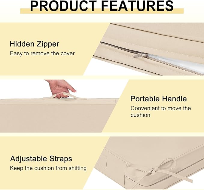 downluxe Waterproof Outdoor Chair Cushions Set of 4, 19" x 19" x 3" Patio Chair Cushion with Non-Slip Ties & Handle, Square Outdoor Cushion for Patio Furniture with Removable Cover, Beige