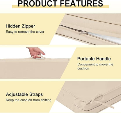 downluxe Waterproof Outdoor Chair Cushions Set of 4, 19" x 19" x 3" Patio Chair Cushion with Non-Slip Ties & Handle, Square Outdoor Cushion for Patio Furniture with Removable Cover, Beige