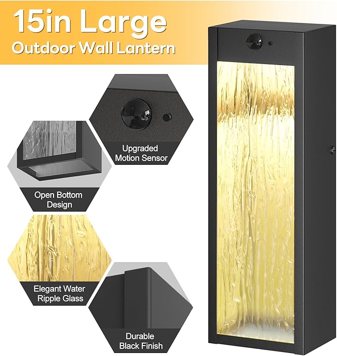 Motion Sensor LED Outdoor Wall Light Fixtures 2 Pack, Modern Dusk to Dawn Sensor Porch Outdoor Lighting, Black 15 Inch Water Ripple Exterior Wall Sconce, LED Outside Lantern for Garage Front Door