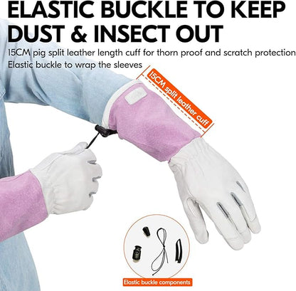 Vgo... 1-Pair Premium Genuine Goat Leather Extra-Long Cuff Thornproof Gardening Gloves (Size L, Pink White, GA1013)