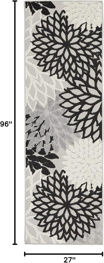 Nourison Aloha Indoor/Outdoor Black White 2'3'' x 8' Area-Rug, Tropical, Botanical, Easy-Cleaning, Non Shedding, Bed Room, Living Room, Dining Room, Deck, Backyard, Patio (2x8)
