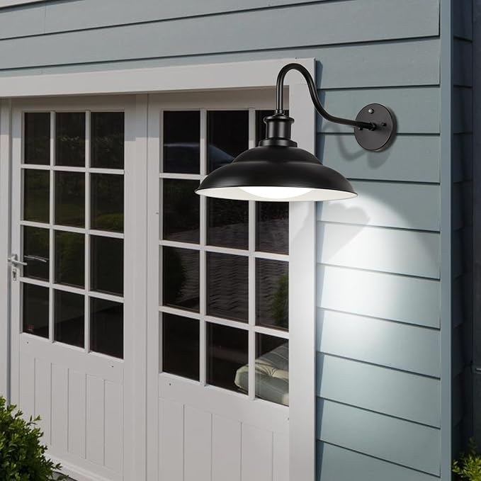 Dusk to Dawn Outdoor LED Barn Light, 16 Inch Large Farmhouse Exterior Wall Light Fixture with Adjustable Color Temperature, Modern Black White Porch Light Outside for House Garage Doorway