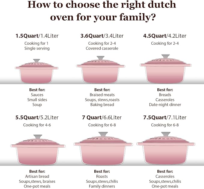 Overmont Enameled Cast Iron Dutch Oven - 7QT Pot with Lid Cookbook & Cotton Potholders - Heavy-Duty Cookware for Braising, Stews, Roasting, Sourdough Baking pink