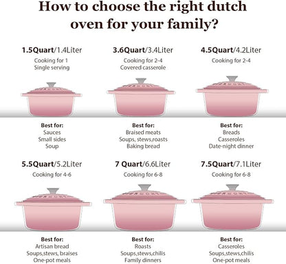 Overmont Enameled Cast Iron Dutch Oven - 7QT Pot with Lid Cookbook & Cotton Potholders - Heavy-Duty Cookware for Braising, Stews, Roasting, Sourdough Baking pink