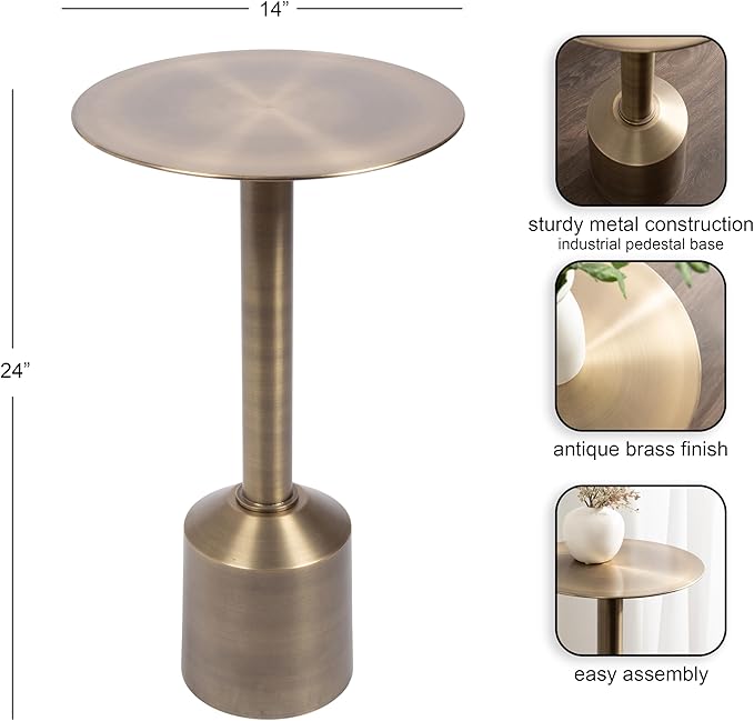 Kate and Laurel Cannings Modern Metal Round Side Table, 14 x 14 x 24, Antique Brass, Transitional Sculptural Indoor Plant Stand with Pedestal Base for Living Room End Table or Bedroom Nightstand