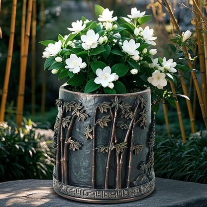 Flower Pot, 6 Inch Resin Plant Pots with Bamboo Design, Chinese Antique Style Decorative Plant Pots with Drainage for Indoor Plants Home Office Decor