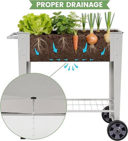 Tall Raised Garden Bed Outdoor with Wheels, Metal Elevated Raised Planter Box with Drainage Holes for Vegetables, Flower, Herbs(Grey)