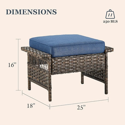Wicker Patio Furniture Set - 7pcs with Blue Cushions, Rattan Sofa, Ottomans, Coffee & Side Table
