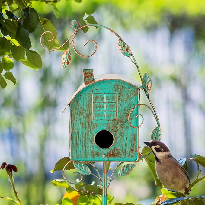 49" Bird Houses for Outside with Pole, Outdoor Metal Birdhouse for Patio, Yard, Garden(Green)