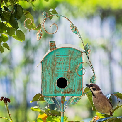 49" Bird Houses for Outside with Pole, Outdoor Metal Birdhouse for Patio, Yard, Garden(Green)