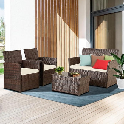 FHFO 4 Piece Outdoor Patio Furniture Sets, Wicker Conversation Sectional Set, Rattan Chairs with Table and Loveseat for Balcony Porch Backyard (Brown-Beige)