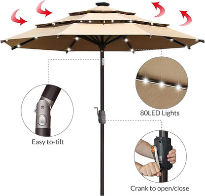 EliteShade USA 10-Year-Non-Fading Solar 9ft 3 Tiers Market Umbrella with 80 LED Lights Patio Umbrellas Outdoor Table with Ventilation,Heather Beige