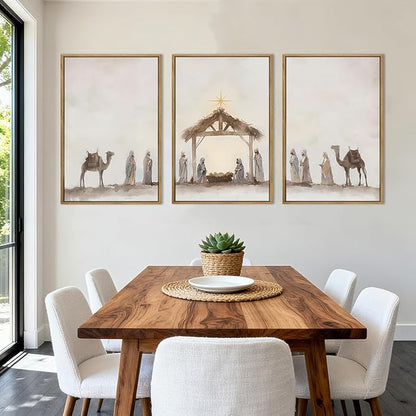 Anyzal Extra Large Jesus Framed Wall Art 24x36 Inch Easter Catholic Nativity Scene Canvas Artwork Christian Religious Birth of Jesus Painting for Living Room Bedroom Dining Room Set of 3