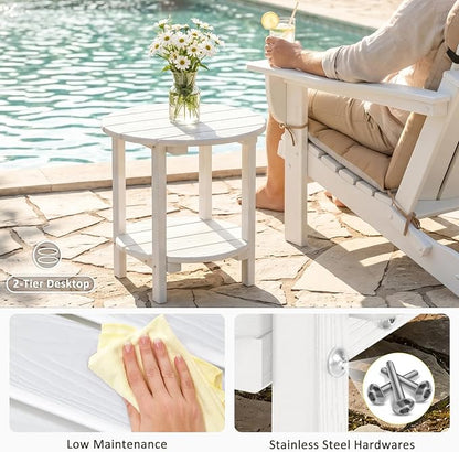 2 Tier Round Outdoor Side Table with Wood-Like Grain, HDPE Adirondack Table Patio Side Table, Weather Resistant End Table for Pool, Patio & Porch, Small Outdoor Table (White, Round)