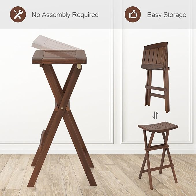 COSTWAY Folding Wooden Bar Stools Set of 2, 30-inch Height Backless Saddle Stools with Footrest, Foldable Chairs for Kitchen Island, Counter, Patio, Indoor & Outdoor, No Assembly Required, Teak