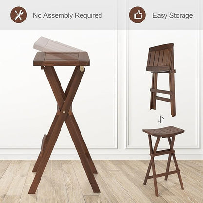 COSTWAY Folding Wooden Bar Stools Set of 4, 30-inch Height Backless Saddle Stools with Footrest, Foldable Chairs for Kitchen Island, Counter, Patio, Indoor & Outdoor, No Assembly Required, Teak