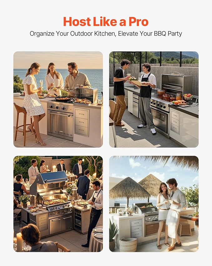 VEVOR Outdoor Kitchen Drawer Cabinets 16" W x 21.5" H x 18" D, BBQ Drawer Stainless Steel, Flush Mount Triple Access, with Handle, BBQ Island, Outdoor Grill Patio Grill Station