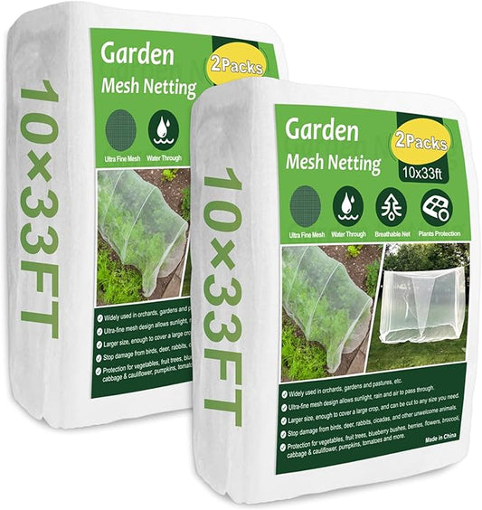 NONMON Garden Netting, 2 Pack 10x33Ft Ultra Fine Mesh Insect Netting Pest Barrier Protection Plant Row Cover Mosquito Netting for Vegetable Fruits Blueberry Bushes Flowers Crops Raised Bed