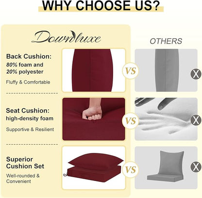 downluxe Outdoor Chair Cushions 24x24 with Removable Cover, Waterproof Patio Furniture Cushions, Deep Seat Cushions for Outdoor Furniture with Backrest for Sofa, Couch and Patio Chairs, Burgundy