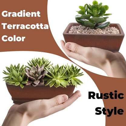 2 Pack Ceramic Bonsai Pots with Drainage Tray, 6" and 7" Unglazed Rectangle Bonsai Tree Planters, Bonsai Training Pots, Succulent Cactus Planter with Drainage Hole for Outdoor Indoor, Brown