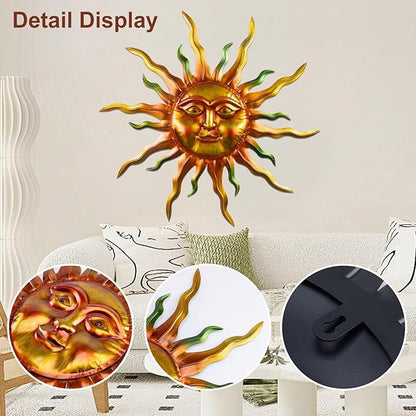 30" Outdoor Metal Wall Art, Large Metal Wall Decor Sun Face Art Decoration, Outdoor Metal Art Wall Sculptures for Garden Hanging for Yard Patio Garden(Green)