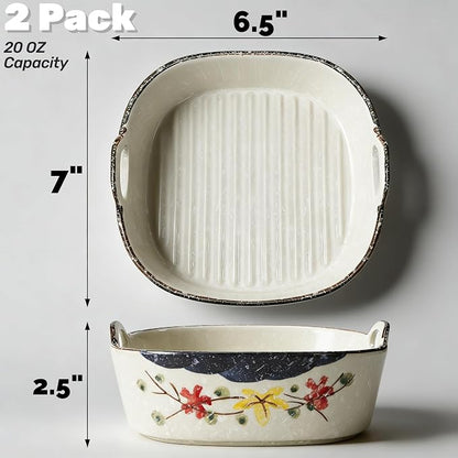 2 Pack Ceramic Small Casserole Dishes, 7" x 6.5" Baking Dish for Toaster Oven, 20 OZ Deep Lasagna Pan with Handles, Durable Vintage Bakeware Pans for Cake Brownie Kitchen, Microwave Safe