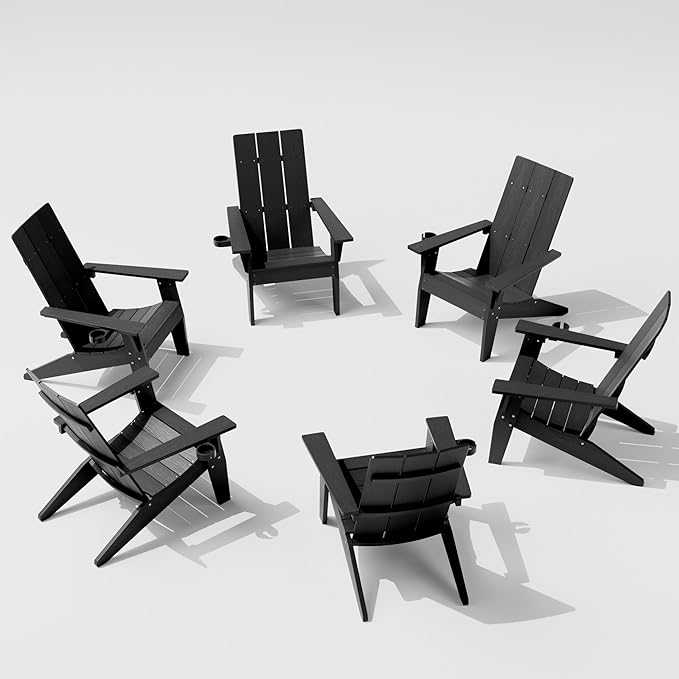MXIMU Modern Adirondack Chairs Set of 6 Weather Resistant with Cup Holder Oversize Plastic Fire Pit Chairs Plastic Outdoor Chairs for Firepit Area Seating (Black)