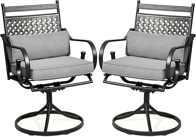 MELLCOM Patio Swivel Chair Set of 2, Heavy Duty Outdoor Dining Chairs with Cushions and Lumbar Pillows, Metal Patio Chairs Gentle Rocker for Outside, Garden Lawn & Porch, Backyard, Grey