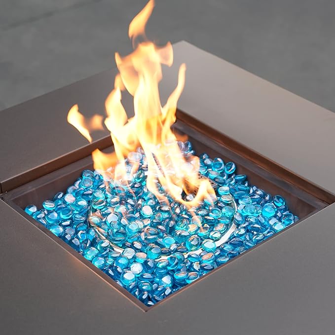 onlyfire 10 Pounds Fire Glass Beads for Propane Fire Pit, 1/2 Inch Reflective Firepit Glass Rocks Flat Marbles for Gas Fireplace and Fire Pit Table, High Luster Caribbean Blue