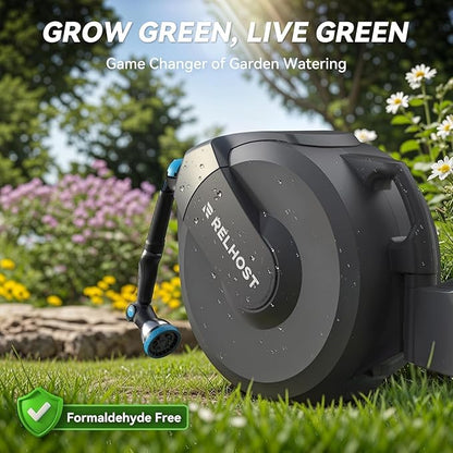Retractable Garden Hose Reel, 5/8 in x 65 ft Wall Mount Heavy Duty Hose Reel with Any-Length Lock, Auto Rewind System, 180° Swivel Bracket, and 10-Pattern Nozzle for Garden, Dark Grey
