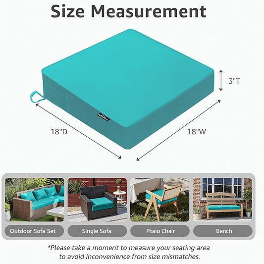 PatioGlow Outdoor Chair Cushions 18 x 18 x 3 Inch, Waterproof & Fade Resistant Patio Seat Cushion for Furniture with Handle and Ties, Thick Seating Pads for Outside Sofa Couch Set of 2, Teal