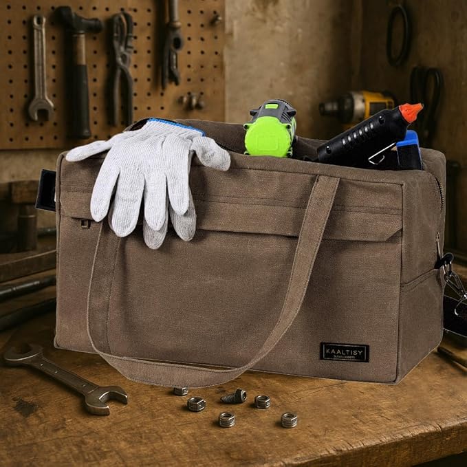 Canvas Tool Organizer Bag, Heavy Duty 16oz Waxed Canvas Garden Hand Tools Tote - with 6 Inside Slots & 1 Large Storage Capacity, Hand Tools Bag for Gardening Carpentry Tools | 15.5" x 9" x 9"