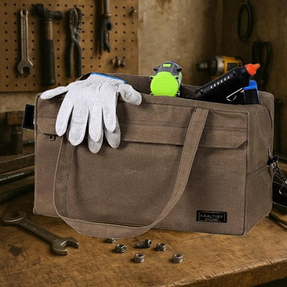 Canvas Tool Organizer Bag, Heavy Duty 16oz Waxed Canvas Garden Hand Tools Tote - with 6 Inside Slots & 1 Large Storage Capacity, Hand Tools Bag for Gardening Carpentry Tools | 15.5" x 9" x 9"
