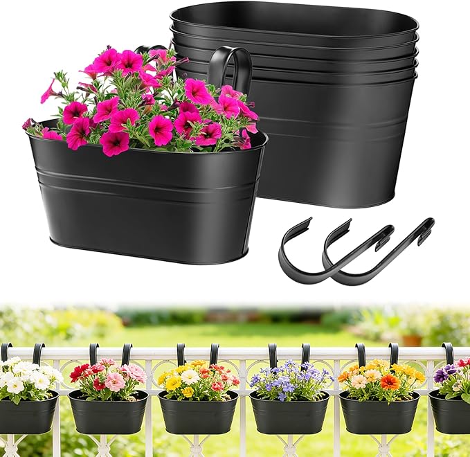 MADHOLLY Railing Planter with Drainage Holes - 6Pcs Sturdy Bucket Pots for Railing Fence, Countryside Style Metal Flower Pots for Herbs Balcony Garden Yard Decor, Black