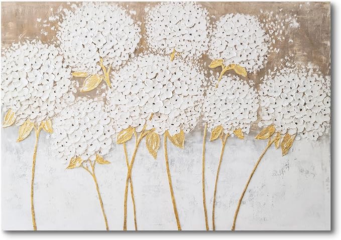 JolyWell White Hydrangea Flower Wall Art, hand-painted Large Canvas Wall Art for Living Room, 3D Textured Oil Painting, Neutral Wall Art decor, Kitchen Bathroom Office Bedroom Wall Art Decor 40" 28"